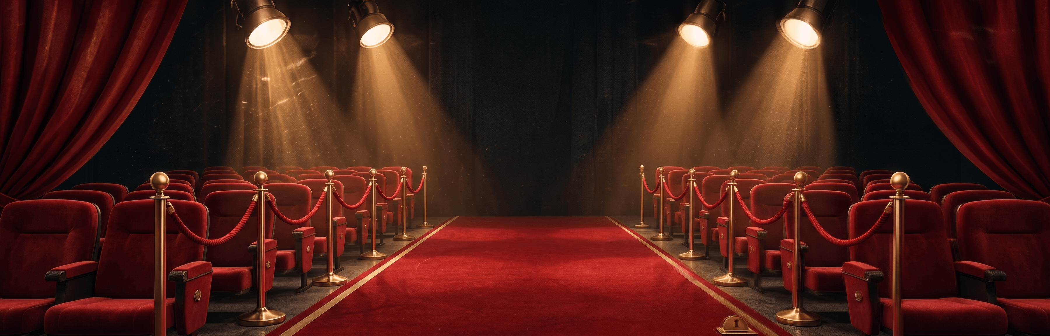 A grand cinema theater with spotlights and a red-carpet aisle